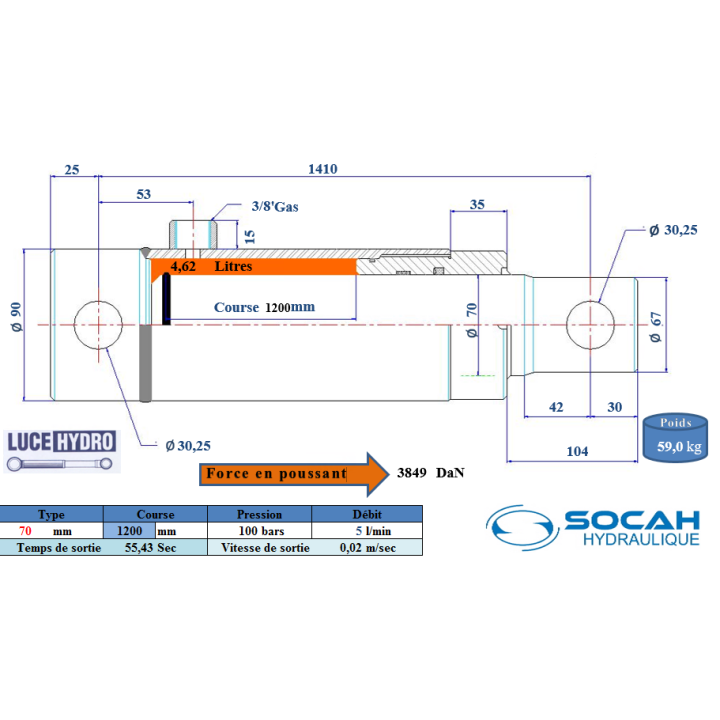 Vérin Simple effet standard Ø70 Course 1200