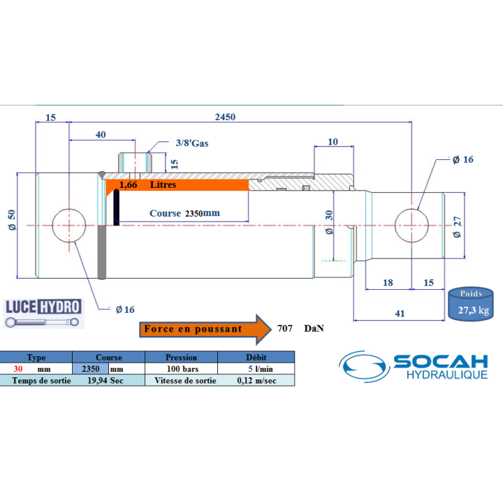 Vérin Simple effet standard Ø30 Course 2350