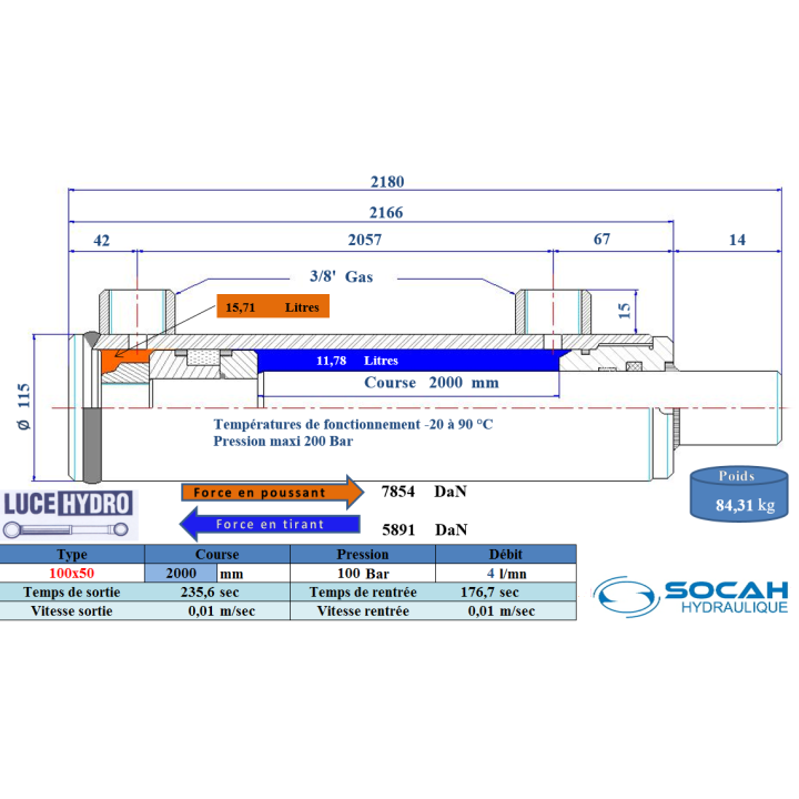 Vérin Double effet Ø100X50 Course 2000 Brut