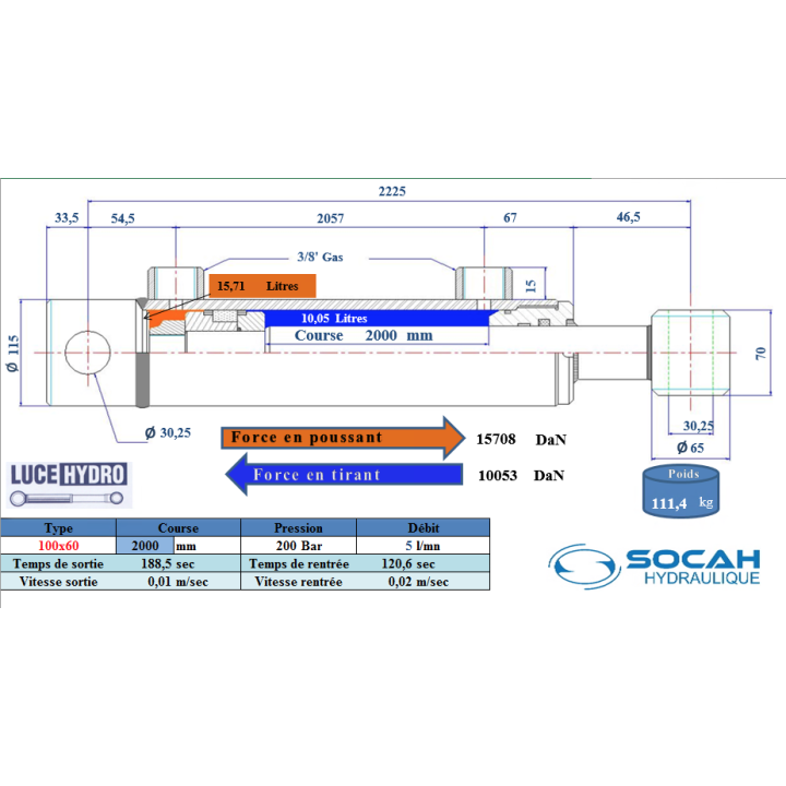Vérin double effet standard Ø100x60 Course 2000